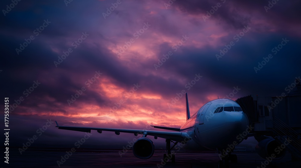 Fototapeta premium Airplane at the gate during a vibrant sunset with dramatic clouds