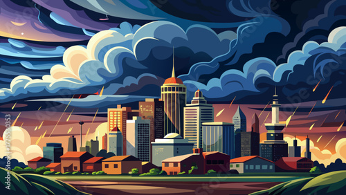 Very beautiful dramatic view of stormy clouds gathering over Kansas City, Missouri, USA, highlighting the skyline beneath a moody sky and the power of approaching weather.