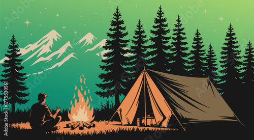 Serene mountain campsite at dusk with a crackling campfire and a lone figure under a starry sky