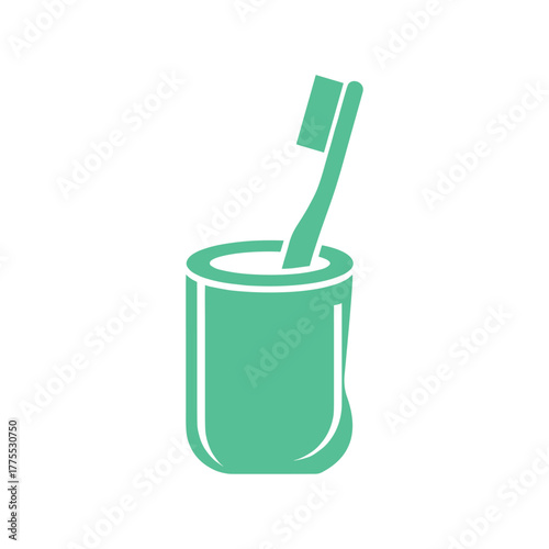 A simple, clean icon of a green toothbrush standing upright in a matching green cup.