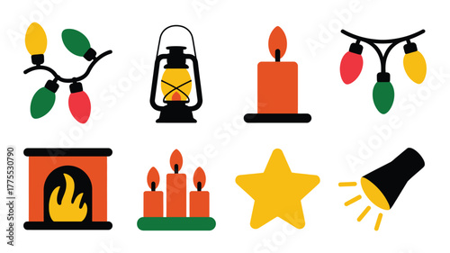 Colorful holiday and winter light source icons, featuring candles, a fireplace, lantern, and festive string lights