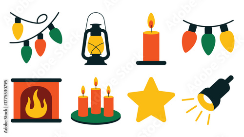 Christmas Holiday Decoration Icon Set Lights, Candles, Fireplace, and Star Symbols