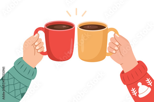 Cheers! Celebrating together over a cup of tea, coffee or other hot beverage on a cold winter day