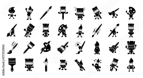 Paint Brush Characters and Art Tools Set Funny Doodle Painting Supplies Creative Art Objects Paintbrush Mascot Collection