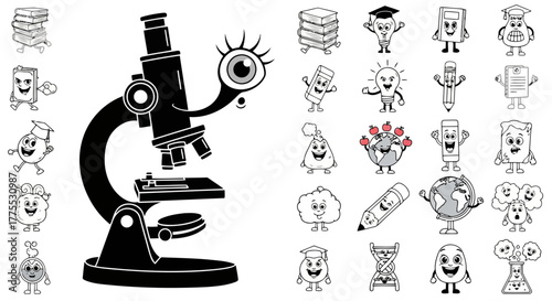 Microscope Character and Learning Objects Set School Education Science Research Cartoon Elements Knowledge Study Equipment Collection