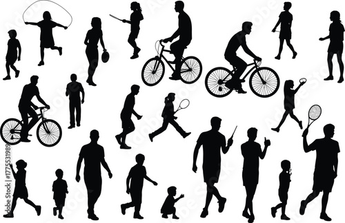 Silhouette of people doing sports, cycling, running, walking, jumping rope, playing tennis, outdoor activity, fitness, children, healthy lifestyle, motion