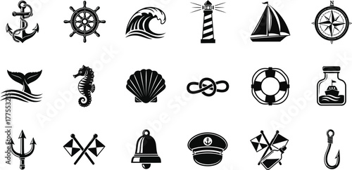 Nautical Icons Set: Anchor, Ship Wheel, Lighthouse, Sailboat, Compass, Seahorse, Shell