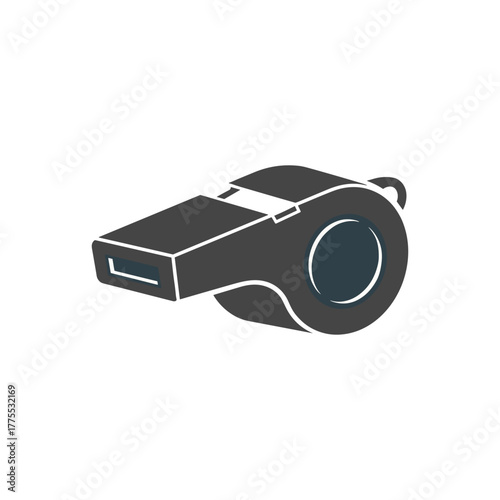 A flat vector graphic illustration of a dark grey sports whistle, isolated on a white background.