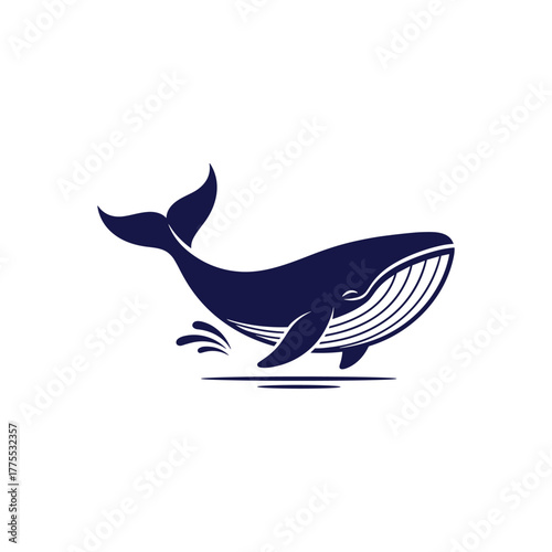 A stylized dark blue whale breaching from the water with a white background.