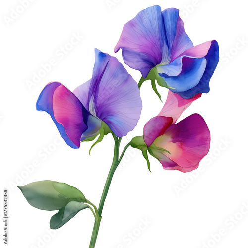 Watercolor illustration of vibrant sweet pea flower, isolated on a white background, clear edges, botanical clipart style.