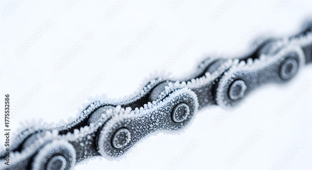 Obraz premium Icy bicycle chain covered in frost on a white background 