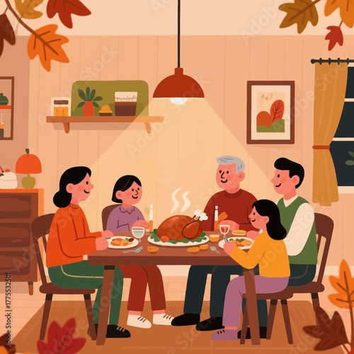 Happy multigenerational family enjoying Thanksgiving dinner together at home with a roasted turkey on the table