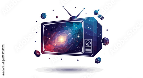 Illustration of a retro television displaying a galaxy scene surrounded by planets and stars on a white background with a whimsical and dreamy mood.
