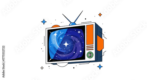 Illustration of a vintage television displaying a swirling galaxy on its screen with antennae and decorative elements.