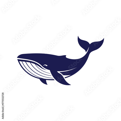 A stylized illustration of a dark blue whale swimming with its tail fin raised.