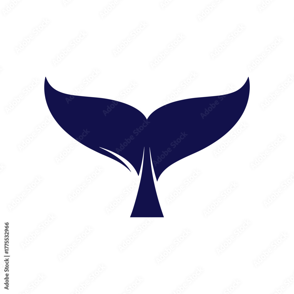 Fototapeta premium Stylized whale tail in dark blue, isolated on white background, simple design.