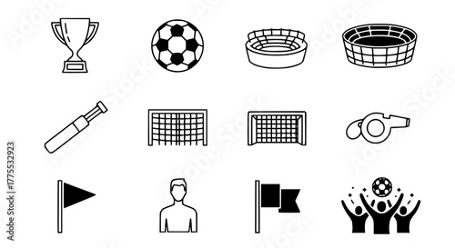 Set of minimalistic black and white vector icons representing the World Cup — trophy, soccer ball, stadium, goal net, whistle, player silhouette, flag, and cheering fans, clean line style
