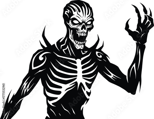 Skeleton warrior illustration, horror character, tribal bone design, scary monster art, fantasy undead creature, tattoo style, dark graphic silhouette