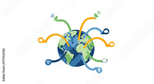 Illustration of a stylized globe with colorful, swirling lines and small plants growing from it, symbolizing global growth and harmony in a whimsical and artistic style with a vibrant color
