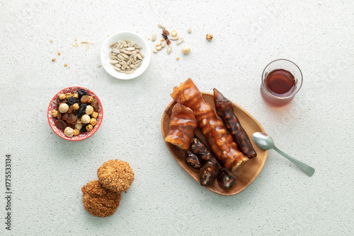 Turkish breakfast with turkish delight  Sudjuk. Background for design