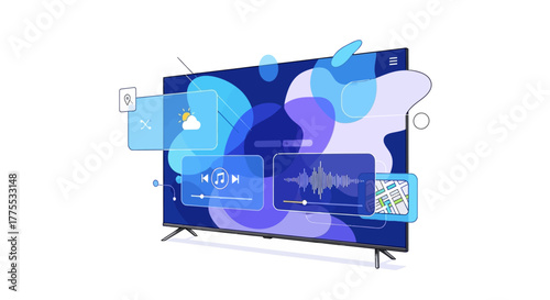 Smart TV with various app icons and graphs displayed on screen against a white background with blue and purple hues.
