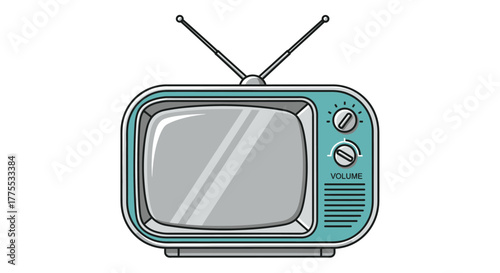 A vintage-style illustration of a turquoise old television set with antennae and dials on a white background.