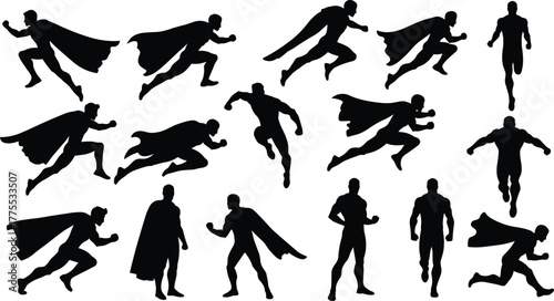 Superhero silhouette action poses, flying, running, fighting, standing, dynamic comic character, cape motion, heroic figure, black white contrast illustration