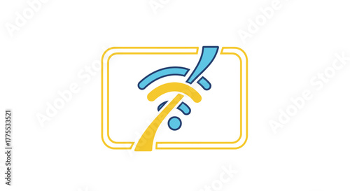 A simple line drawing of a Wi-Fi symbol on a white background with a yellow border and blue and yellow lines.