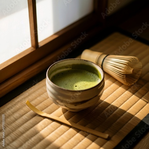 Traditional Matcha Tea Ceremony in Japanese Style – Matcha Tea in Ceramic Bowl with Bamboo Whisk – Matcha Tea Authentic Japanese Aesthetic