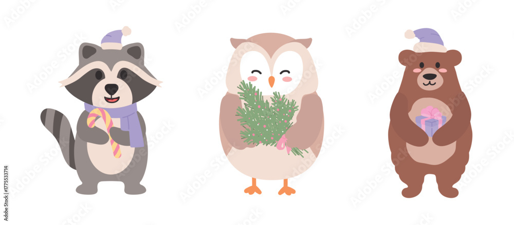 Obraz premium A set of cute cartoon-style animals dedicated to the holidays. Raccoon, owl, bear in a winter theme. These adorable characters are perfect for creating festive designs for Christmas and New Year.