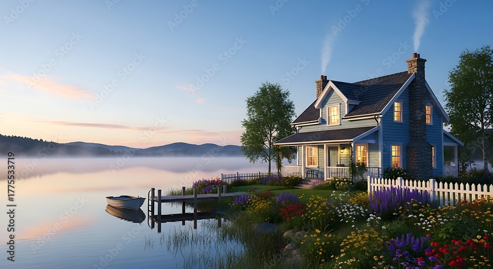 Obraz premium Serene Lakeside Cottage at Dawn - A Tranquil Waterside Haven.