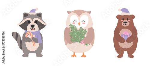 A set of cute cartoon-style animals dedicated to the holidays. Raccoon, owl, bear in a winter theme. These adorable characters are perfect for creating festive designs for Christmas and New Year.