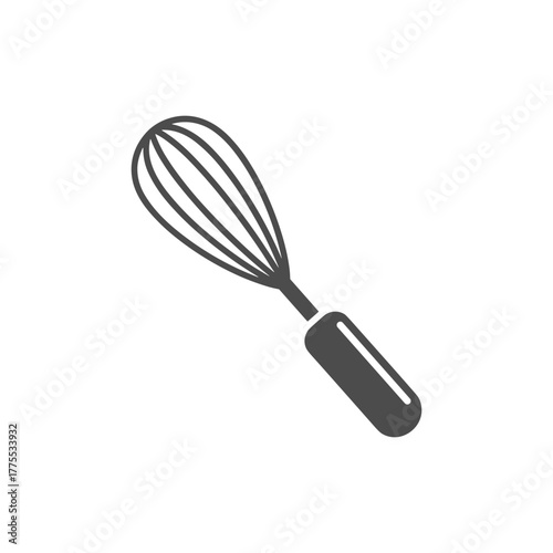 A simple, stylized illustration of a kitchen whisk with a dark handle and thin wire loops.