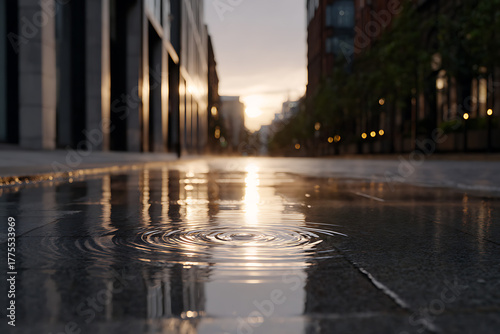 urban autumn aesthetic, subtle autumn light reflecting in rain puddles on a deserted city street, with rising steam a poetic stillness and cinematic vibe