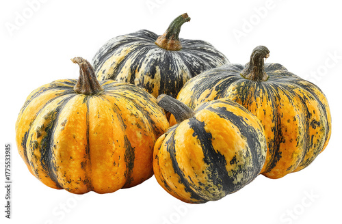 Three small, decorative pumpkins clustered together.  They are a mix of yellow and dark grayish-brown stripes, with slightly ribbed surfaces.  A close-up studio shot against a pure black background