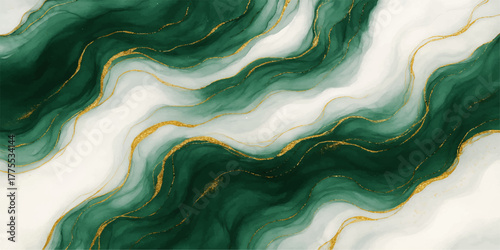 Abstract flowing liquid design with blue and green paint marble texture, gold swirl, and light wave patterns
