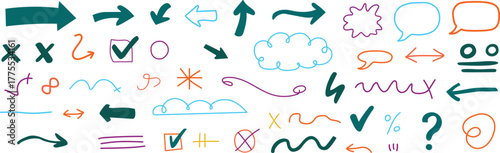 An icon set with a hand-drawn line, chalk brush stroke, and arrow. In a crude hand sketch approach, use a chalk crayon underlining, checkmark, scribbling, and texture. Shapes of a drawn heart, frame, 