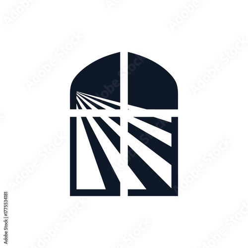 Minimalist black and white logo of an arched window with rays of light shining through, symbolizing hope and enlightenment.