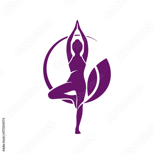 Purple yoga pose logo featuring a woman in a tree pose with a leaf and circle.