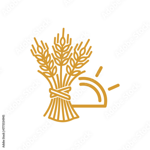 Stylized line art illustration of a golden wheat sheaf next to a rising sun, symbolizing agriculture and harvest.