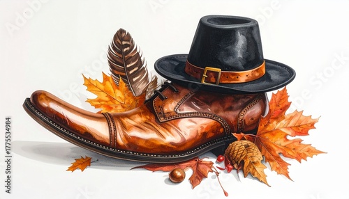 Brown Leather Dress Shoe with Pilgrim Hat Surrounded by Autumn Leaves Acorns Feather and Berries on White Background Symbolizing Thanksgiving Tradition Seasonal Fashion and Editorial Styling for Festi