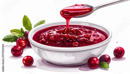 Cranberry Sauce Dripping from Spoon into White Bowl with Fresh Cranberries Leaves and Peppercorns on White Background Symbolizing Holiday Flavor Thanksgiving Tradition and Editorial Culinary Styling f