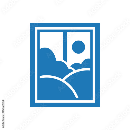 A stylized blue graphic of a window looking out onto a sunny landscape with rolling hills and clouds.