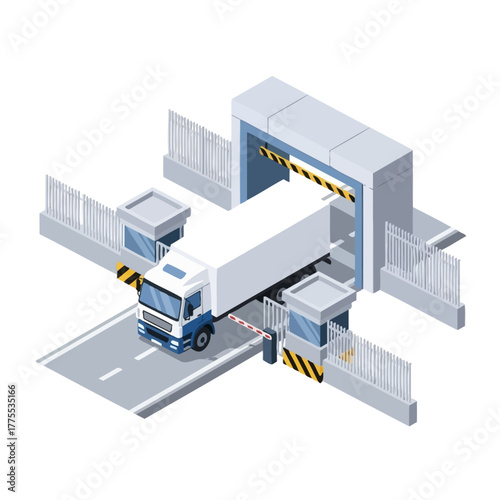 Isometric Truck Entering Industrial Facility Gate with Security Checkpoint