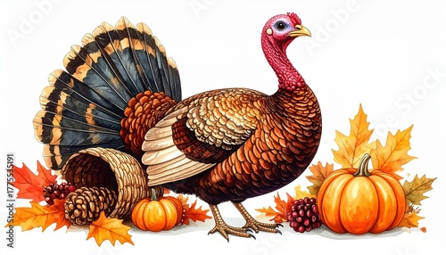Illustrated Turkey with Cornucopia Pumpkins Pinecones and Autumn Leaves on White Background Symbolizing Thanksgiving Tradition Harvest Celebration and Editorial Seasonal Styling for Festive and Lifest
