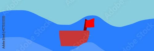 Red boat with flag sailing on blue ocean waves, minimal sea illustration, nautical vector background, marine travel concept, simple flat design of ship on water, adventure and exploration art