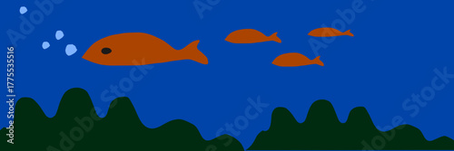 Underwater scene with orange fish swimming in blue ocean, aquatic life illustration, marine background, simple flat vector design, sea plants and bubbles, underwater nature concept, minimal ocean art