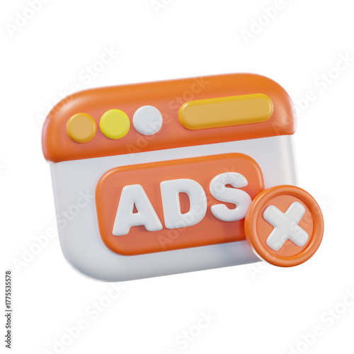 A 3D rendering of a browser pop-up window with the word ads and a close button, symbolizing ad blocking technology and online advertising removal