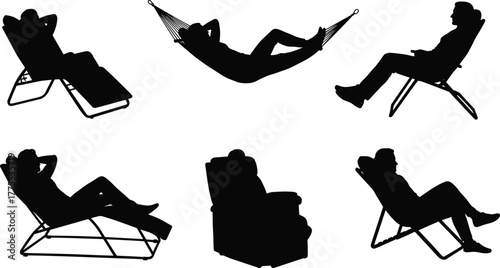 People Human Silhouette Relax Sitting Reclining Hammock Lounge Chair Armchair Furniture Lifestyle Casual Comfort Rest Pose Vector Outline Drawing Illustration Art