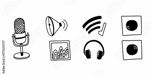 Doodle style illustration of audio equipment including a microphone speaker headphones and sound waves on transparent background